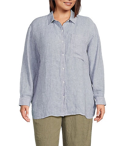 Eileen Fisher Plus Puckered Organic Linen Point Collar Long Sleeve Shirt