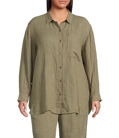 Eileen Fisher Plus Puckered Organic Linen Point Collar Long Sleeve Shirt