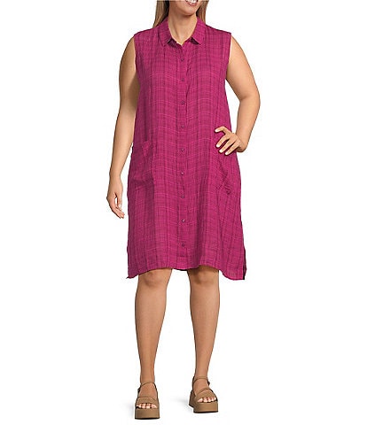Eileen Fisher Plus Puckered Organic Linen Point Collar Sleeveless Shirt Dress