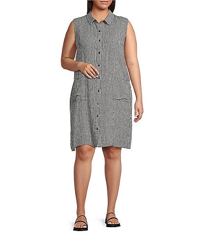 Eileen Fisher Plus Puckered Organic Linen Point Collar Sleeveless Shirtdress