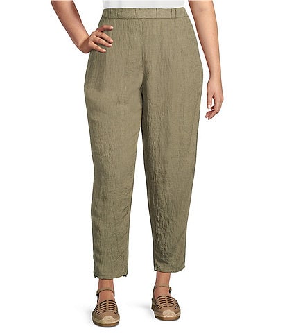 Eileen Fisher Plus Puckered Organic Linen Yarn-Dyed Stripe Elastic Waist Pull-On Pants