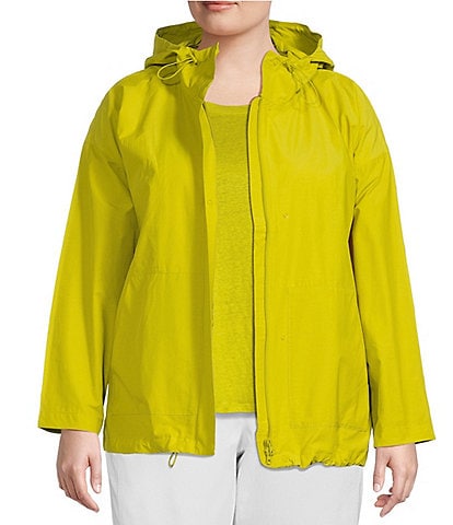 Eileen Fisher Plus Size Anorak Light Cotton Stand Collar Water Resistant Long Sleeve Pocketed Boxy Hooded Jacket