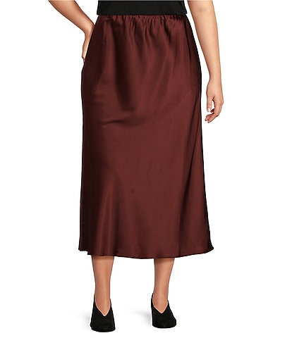 Eileen Fisher Plus Size Bias Stretch Silk Charmeuse A-Line Pull-On Midi Skirt