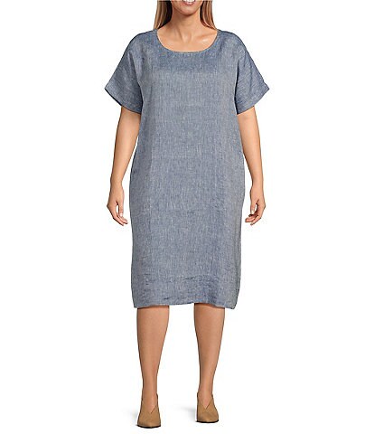 Eileen Fisher Plus Size Chambray Organic Linen Yarn Dyed Scoop Neck Short Sleeve Midi Shift Dress
