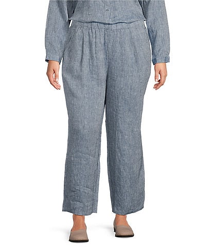 Eileen Fisher Plus Size Chambray Organic Linen Yarn-Dyed Wide-Leg Pull-On Ankle Pants