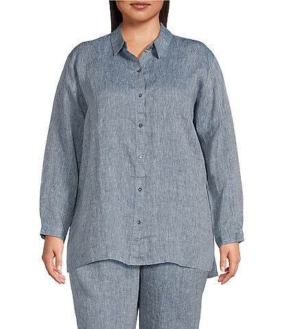 Eileen Fisher Plus Size Chambray Yarn Dyed Organic Linen Point Collar Long Sleeve Button-Front Shirt