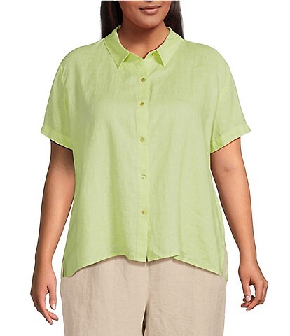 Eileen Fisher Plus Size Classic Organic Handkerchief Linen Point Collar Short Sleeve Button Front Shirt
