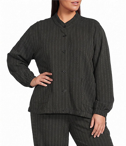 Eileen Fisher Plus Size Cotton-Blend Stripe Stitch Stand Collar Long Sleeve Elastic Hem Button-Front Jacket