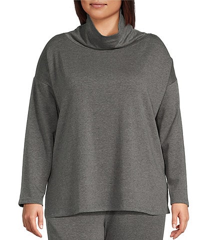 Eileen Fisher Plus Size Cozy Brushed Terry Knit Drapey Funnel Neck Long Sleeve Boxy Top
