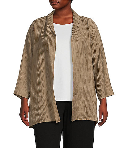 Eileen Fisher Plus Size Crinkle Shimmer Vertical Pleat Wrist Length Sleeve Open Front Jacket