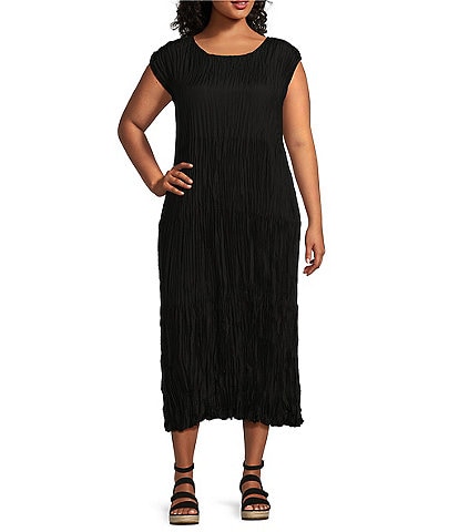 Eileen Fisher Plus Size Crinkle Silk Crew Neck Cap Sleeve A-Line Tiered Midi Dress
