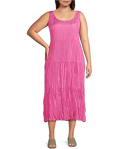 Eileen Fisher Plus Size Crinkle Silk Scoop Neck Sleeveless A-Line Tiered Midi Dress