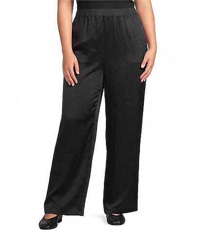 Eileen Fisher Plus Size Crinkle Textured Satin Weave Straight Pull-On Pants
