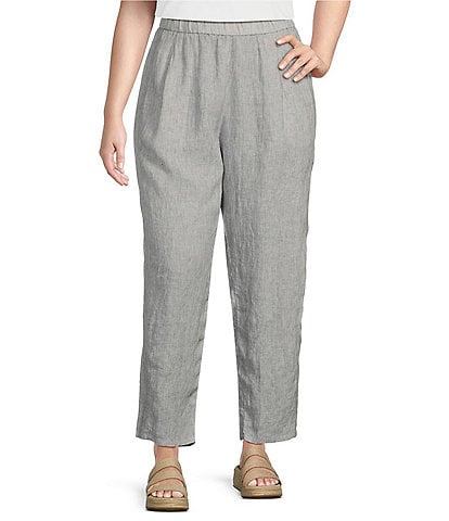 Eileen Fisher Plus Size Crinkled Striped Organic Linen Wide Tapered Leg Pull-On Ankle Pants