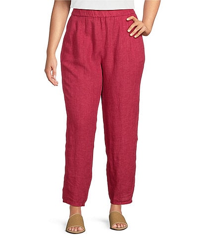 Eileen Fisher Plus Size Delave Organic Linen Ankle Pleated Lantern-Leg Pull-On Ankle Pants