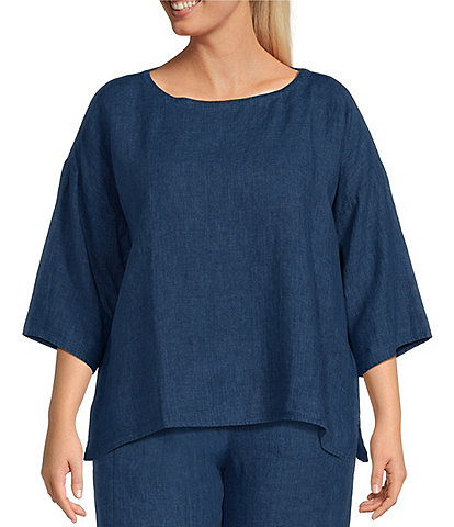 Eileen Fisher Plus Size Delave Organic Linen Boat Neck 3/4 Sleeve Box Top