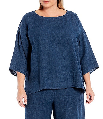 Eileen Fisher Plus Size Delave Organic Linen Boat Neck 3/4 Sleeve Box Top