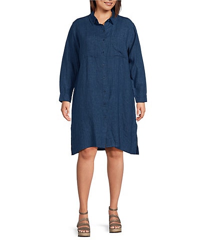 Eileen Fisher Plus Size Delave Organic Linen Point Collar Long Sleeve Button Front Shirt Dress