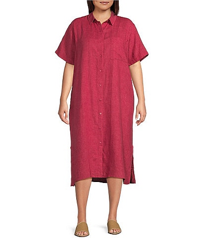 Eileen Fisher Plus Size Delave Organic Linen Point Collar Short Sleeve Button-Front Shirt Dress