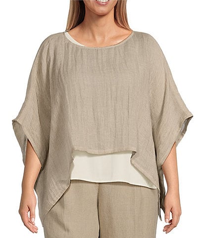 Eileen Fisher Plus Size Delave Organic Linen Round Neck Short Sleeve Cropped Poncho