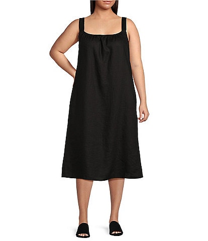 Eileen Fisher Plus Size Delave Organic Linen Scoop Neck Sleeveless Ruched Cami Shift Dress