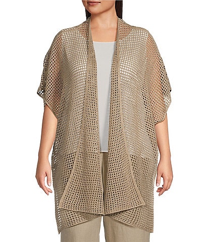 Eileen Fisher Plus Size Delave Organic Linen Short Sleeve Open-Front Cardigan