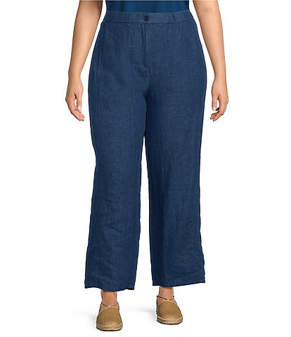 Eileen Fisher Plus Size Chambray Organic Linen Yarn-Dyed Wide-Leg Pull-On  Ankle Pants