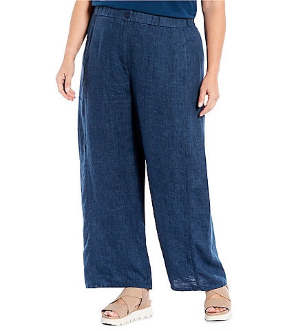 Eileen Fisher Plus Size Delave Organic Linen Side Pocket Wide-Leg Pocketed Ankle Pants