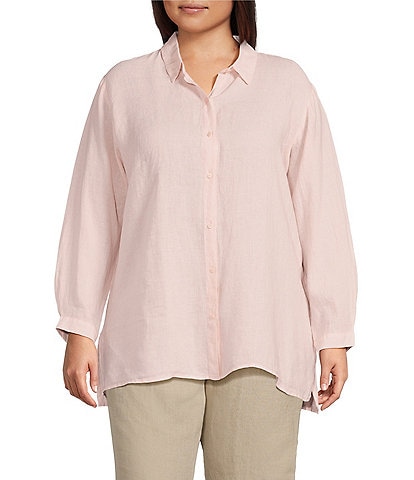 Eileen Fisher Plus Size Dyed Handkerchief Organic Linen Point Collar Long Sleeve Button-Front Shirt