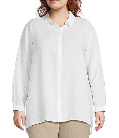 Eileen Fisher Plus Size Dyed Handkerchief Organic Linen Point Collar Long Sleeve Button-Front Shirt