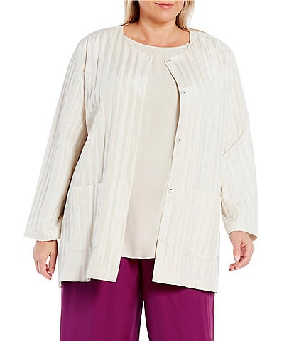 Eileen Fisher Plus Size Habutai Silk Round Neck Long Sleeve Pocketed Button-Front Quilted Jacket
