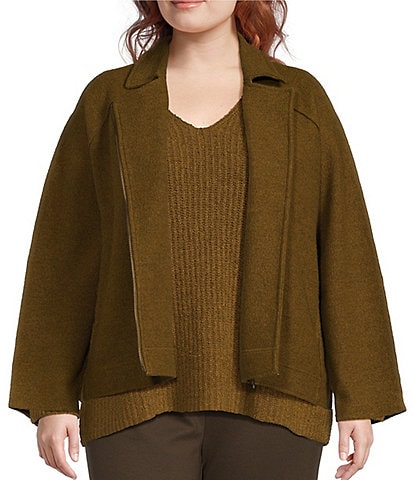 Eileen Fisher Plus Size Lightweight Boiled Wool Notch Collar Long Sleeve Short Motorcycle Jacket