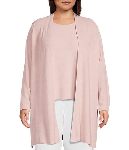 Eileen Fisher Plus Size Merino Wool Crepe Long Sleeve Side Slit Open-Front Cardigan