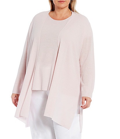 Eileen Fisher Plus Size Merino Wool Crepe Long Sleeve Side Slit Open-Front Cardigan