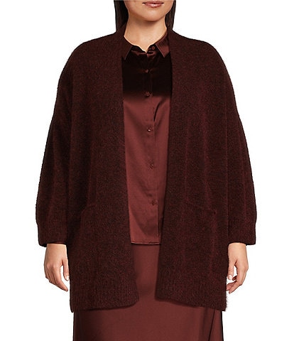 Eileen Fisher Plus Size Mohair Plush Melange Knit Long Sleeve Pocketed Open Front Cardigan