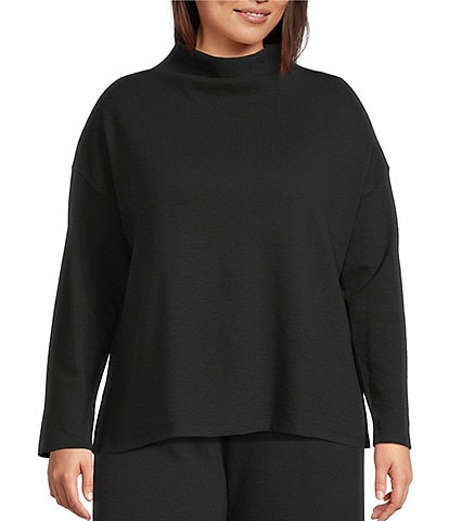 Eileen Fisher Plus Size Organic Cotton Blend Coordinating Waffle Doubleknit High Funnel Neck Long Sleeve Box Top