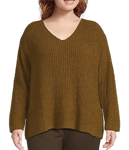 Eileen Fisher Plus Size Organic Cotton Fluff V-Neck Long Sleeve Boxy Sweater