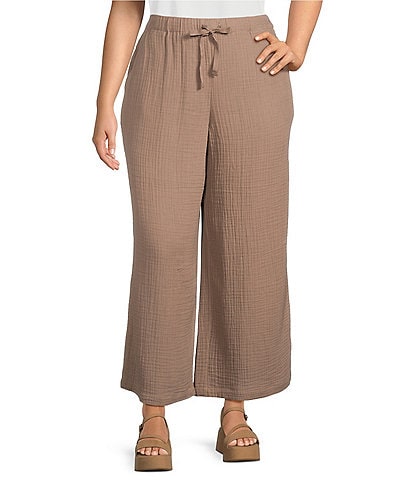 Eileen Fisher Plus Size Organic Cotton Gauze Elastic Waist Straight Leg Pants