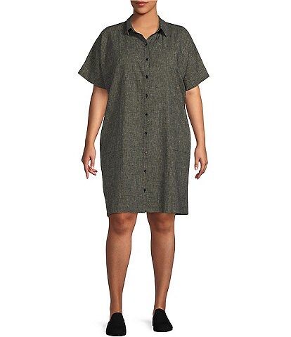 Eileen Fisher Plus Size Organic Cotton Hemp Point Collar Short Sleeve Button Front Shirt Dress