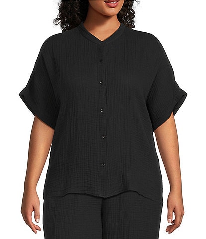 Eileen Fisher Plus Size Organic Cotton Gauze Banded Collar Short Sleeve Side Slit Coordinating Button Front Shirt