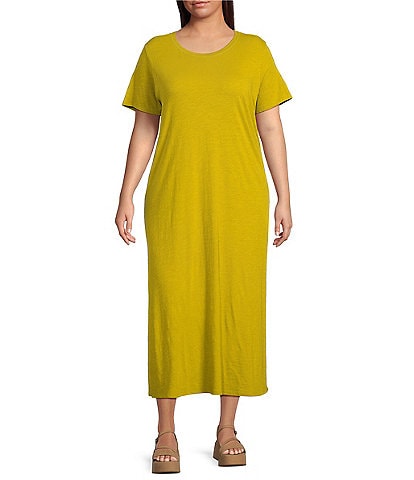 Eileen Fisher Plus Size Organic Cotton Slub Jersey Crew Neck Sleeveless Dress