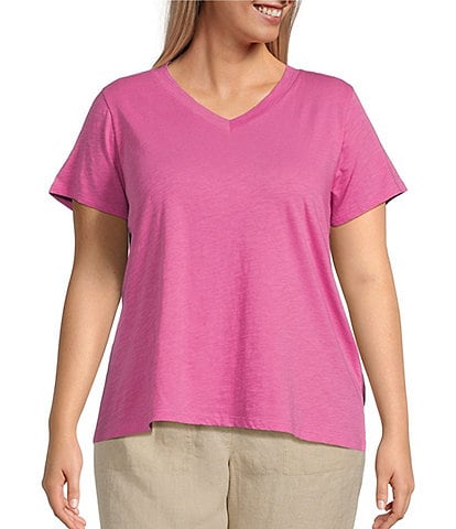 Eileen Fisher Plus Size Organic Cotton Slub Jersey Knit V-Neck Short Sleeve Tee Shirt