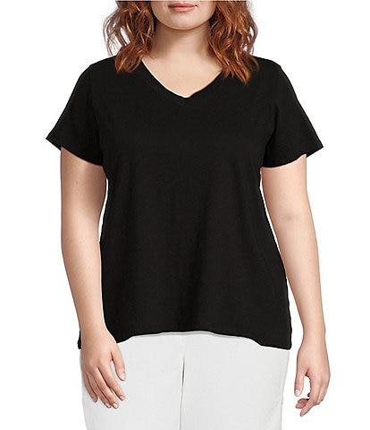 Eileen Fisher Plus Size Organic Cotton Slub Jersey Knit V-Neck Short Sleeve Tee Shirt