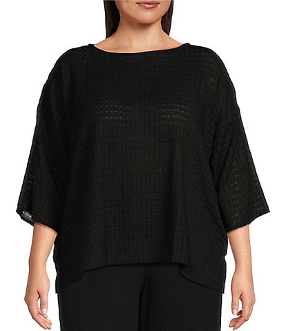 Eileen Fisher Plus Size Organic Cotton Voile Textured Boat Neck 3/4 Sleeve Boxy Top