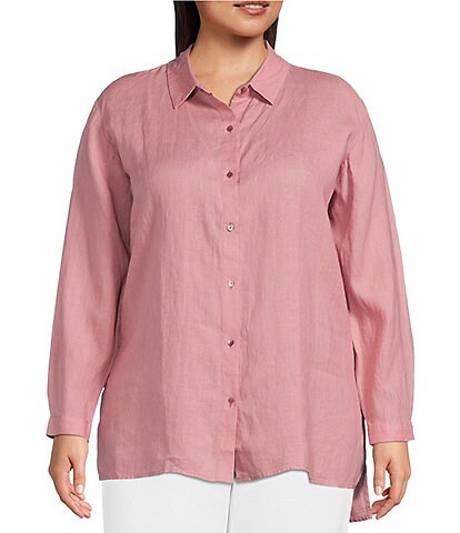 Eileen Fisher Plus Size Organic Handkerchief Linen Point Collar Long Sleeve High-Low Hem Button Front Shirt