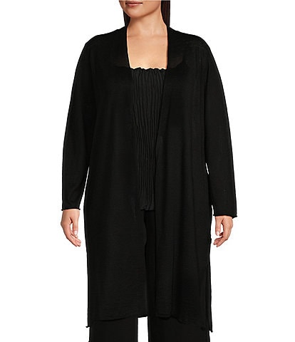 Eileen Fisher Plus Size Organic Linen and Cotton Blend Long Sleeve Side Slit Open-Front Cardigan