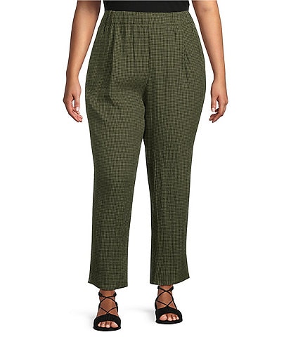 Eileen Fisher Plus Size Organic Linen Check Print Tapered Leg Coordinating Ankle Pants