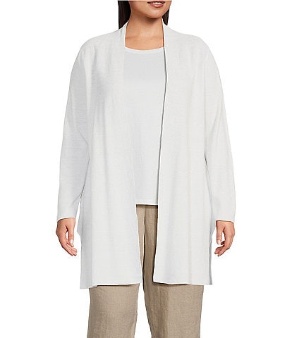 Eileen Fisher Plus Size Organic Linen Cotton Open Front Long Cardigan