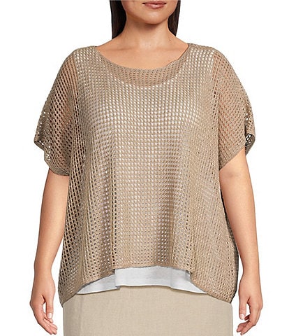 Eileen Fisher Plus Size Organic Linen Delave Gauze Scoop Neck Short Sleeve Sweater