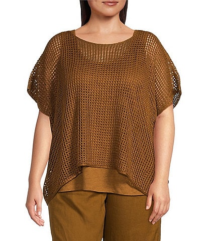 Eileen Fisher Plus Size Organic Linen Delave Gauze Scoop Neck Short Sleeve Sweater